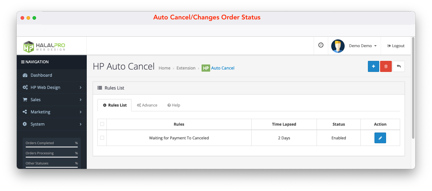 list order status changes opencart